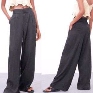 Zara FULL LENGTH TROUSERS High-waist Wide-leg Pant XXL Stone